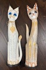 Set of 2 Wood Cat Statue Folk Art Hand Carved Painted Tall Decor