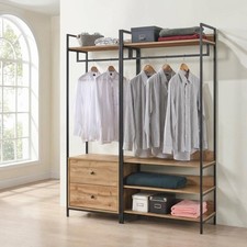 Alva Pair of Double Open Wardrobes with 2 Drawers 4 Shelves Oak Clothes Rail