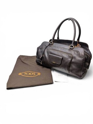 Tods Dark Brown Pebbled Leather Boston Bag Gold Hardware Travel Tote 40cm
