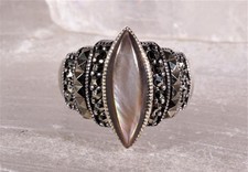 Black Mother of Pearl  Marcasite Sterling Silver Ring Size 6.75
