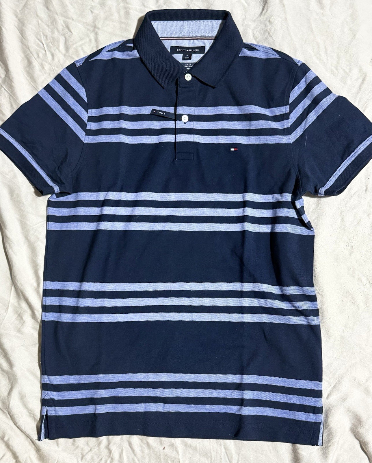 Tommy Hilfiger men’s slim fit pique polo THFLEX Stretch Blue striped NWT Size M