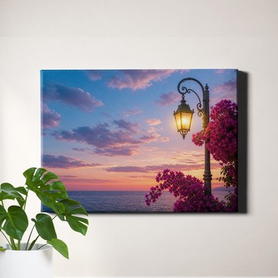 Coastal Sunset Street Lamp Canvas Art Magenta Flowers Glow