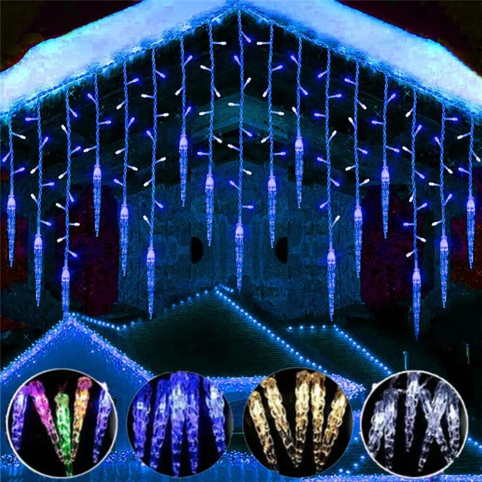 Christmas 96 LED Icicle Falling Rain Curtain Fairy String Lights Outdoor Party - Image 3 of 4