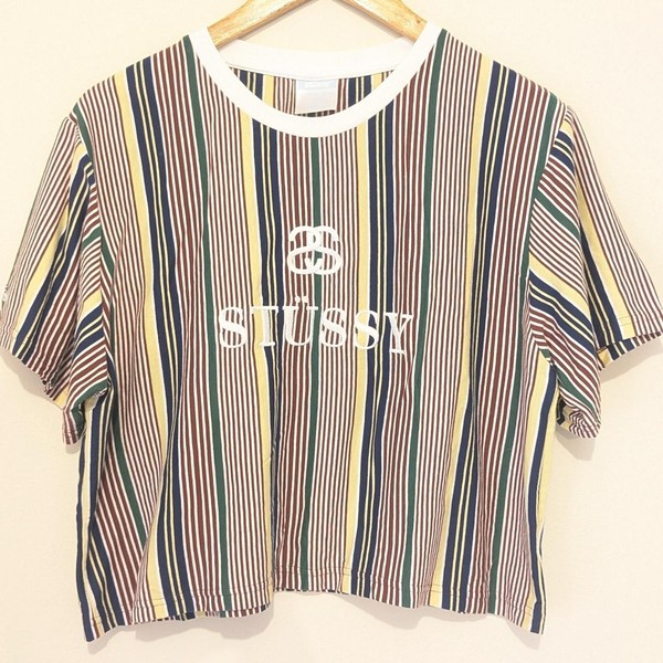Ladies size 12 Stüssy striped cropped tee in multi-colour.