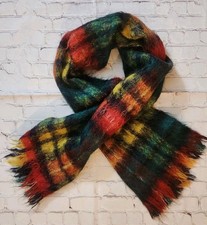 VINTAGE Heather Brae Mohair Fuzzy Green Red Scarf Plaid Raw Hem Scotland