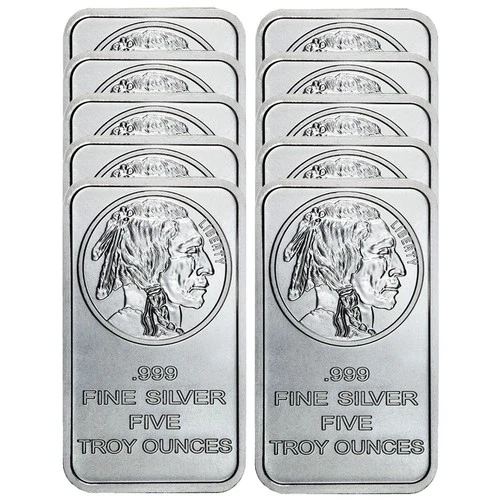 Lot of 10 - 5 Troy oz Buffalo .999 Fine Silver Bar Sealed