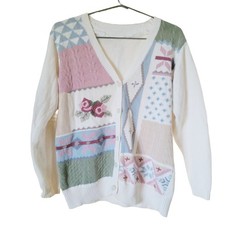 Vintage Patchwork Knit Cardigan Pastel Floral Cottagecore Granby Style Sweater