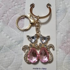 Rhinestone Cat Keychain Pink Crystal Kitty Key Ring Purse Charm Gold