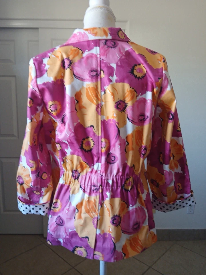Chaqueta Blazer Joan Rivers Para Mujer 8 Floral Rosa Naranja Mezcla Algodón Puños a Lunares Foto 3 de 4