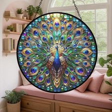 Peacock Stained Glass Suncatcher Ornate Window Hanging Animal Lover Gift