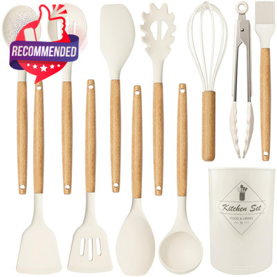 Silicone Kitchen Cooking Utensils Set 12pc White Tools Accessories 12.6x3.2in