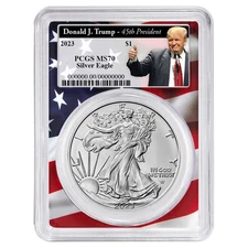 2023 $1 American Silver Eagle PCGS MS70 Trump 45th President Flag Frame