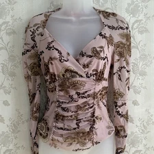 Vtg Y2k Babydoll Top S Mesh Pink Floral Ruched Faux Wrap Fairy Grunge Coquette
