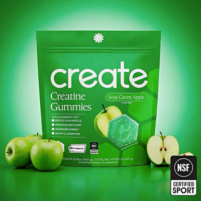 create Creatine Monohydrate Gummies Sour Green Apple, NSF Certified Sport 8.7oz