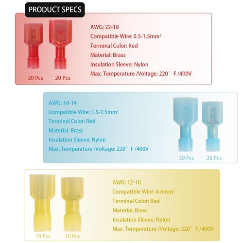 100 PCS Spade Connector Kit, Male and Female Quick Blue/Red /Yellow  - Bild 2 von 7