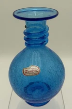 7.5" Blue Crackle Rainbow Art Glass Newport Vase w/Applied Neck Swirl Rigaree