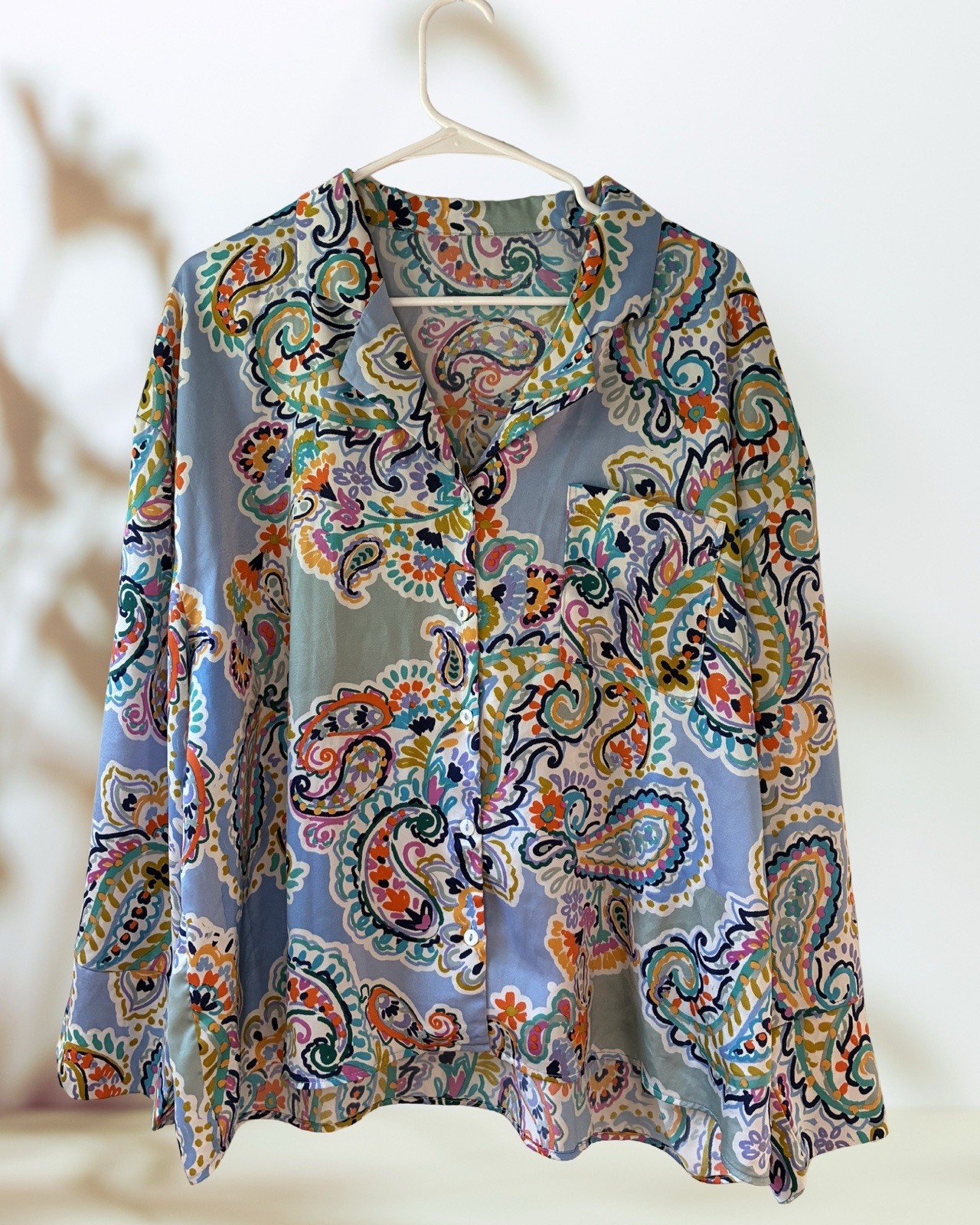 Primark Satin Paisley PJ Top Boho Button Down Sleepwear Blouse Size Large