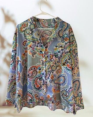 Primark Satin Paisley PJ Top Boho Button Down Sleepwear Blouse Size Large