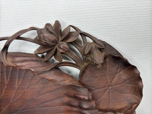 Antique Indochina Carved Wood Tray with Lotus Crab Bamboo Crawfish Decoration - Picture 5 of 10
