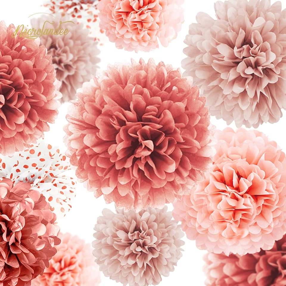 Wedding Decorations - 12 PCS Rose Gold Tissue Paper Pom Poms for Engagement Part - Image 2 of 4