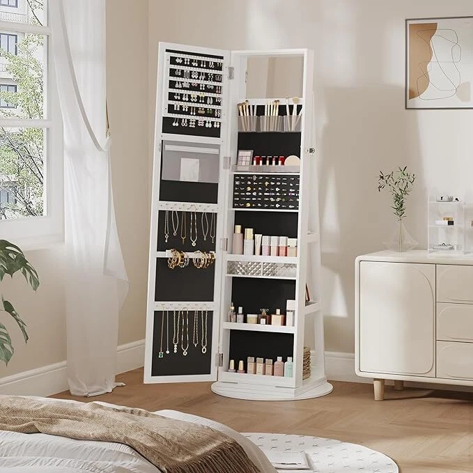 Jewelry Storage Cabinet Full-Length Mirror Lockable 360° Swivel Armoire Shelf - Image 4 of 4