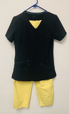 Scrubstar Black With Turquoise Trim Top Dickies Yellow Scrub Pants Women Set XS