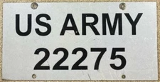 US ARMY Vintage Booster License Plate 22275 Very Heavy Steel Camp Post Fort 