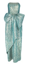 VTG VICTOR COSTA Crinkled Teal Lam  Silk Blend Gown with BOW, 80's, Size 4 US