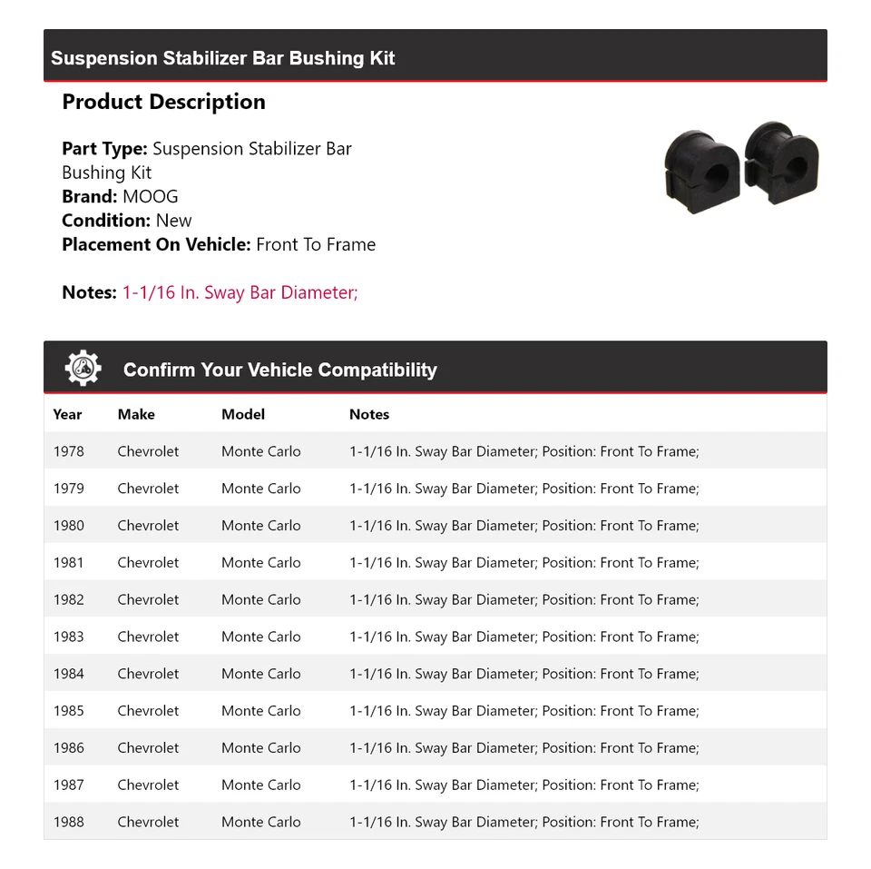 Kit de buje de barra estabilizadora de suspensión MOOG para Chevrolet Monte Carlo 1978-1988 Foto 2 de 4