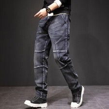 Men Straight Leg Casual Bottoms Distressed Denim Pants Jeans Cargo Work Trousers