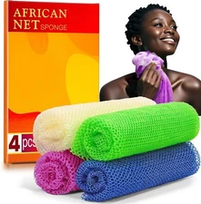 4 Pack African Net Sponges – Deep Exfoliating Bath Scrubber for Smooth Skin...