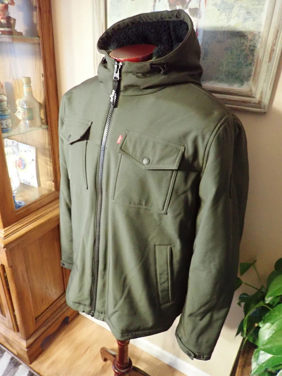 Levis Jacket Sz XL Olive Green Hooded Sherpa Lined Full Zip Soft Shell Utility