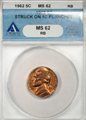 1962 ANACS MS62RB Jefferson Struck On Copper Cent Planchet Off Metal Mint Error - Picture 2 of 4