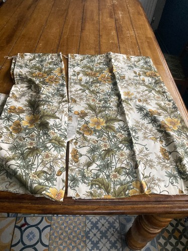 Cortinas vintage con patrón floral verde y amarillo x 1 par + tela - Imagen 2 de 10
