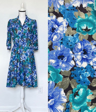 1970s 1980s Floral Midi Dress, Vintage Collared Tea Length Dress