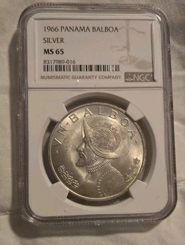 1966 NGC MS65 Panama Silver Un Balboa Vasco Nunez MS-65 Blast White