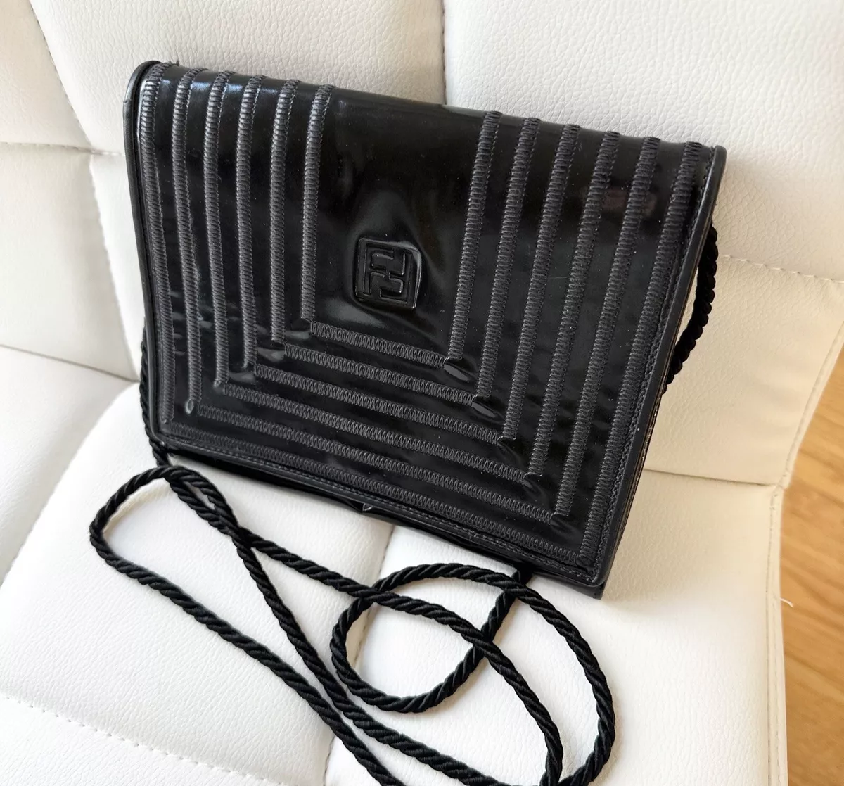 Fendi Black Patent Leather Clutch Crossbody Bag Shoulder Folder Vintage