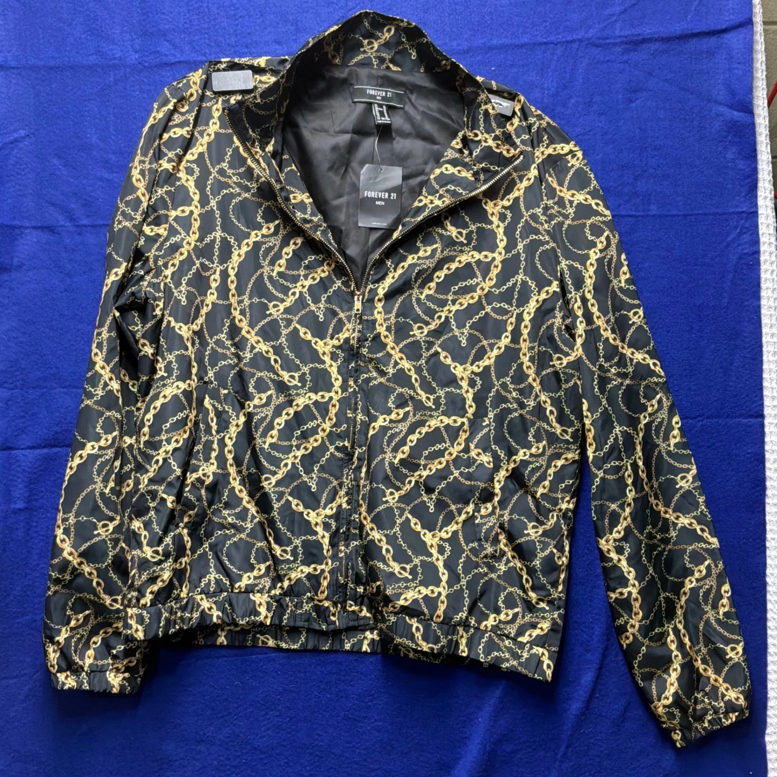 Baroque Mens Forever 21 Chain Print Windbreaker Jacket XL Black Gold