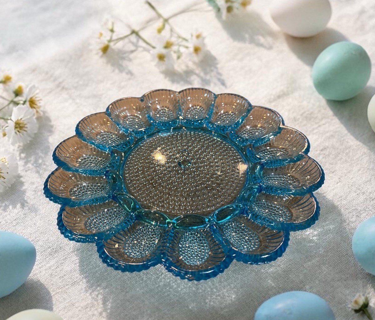 Vintage Rare Ice Blue* Indiana Glass Hobnail Deviled Egg Plate 11