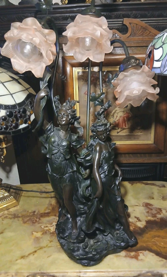 Widdup And Bingham Table Lamp 3 Females With  3 Ruffle Shades Art Nouveau Style - Image 2 of 4