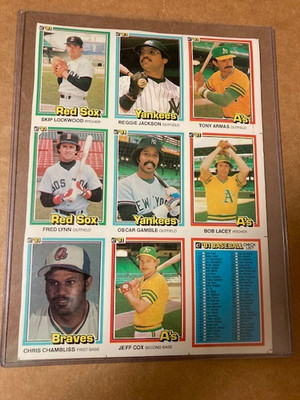 1981 Donruss Baseball Panel Uncut Sheet;  Reggie Jackson, Fred Lynn. etc