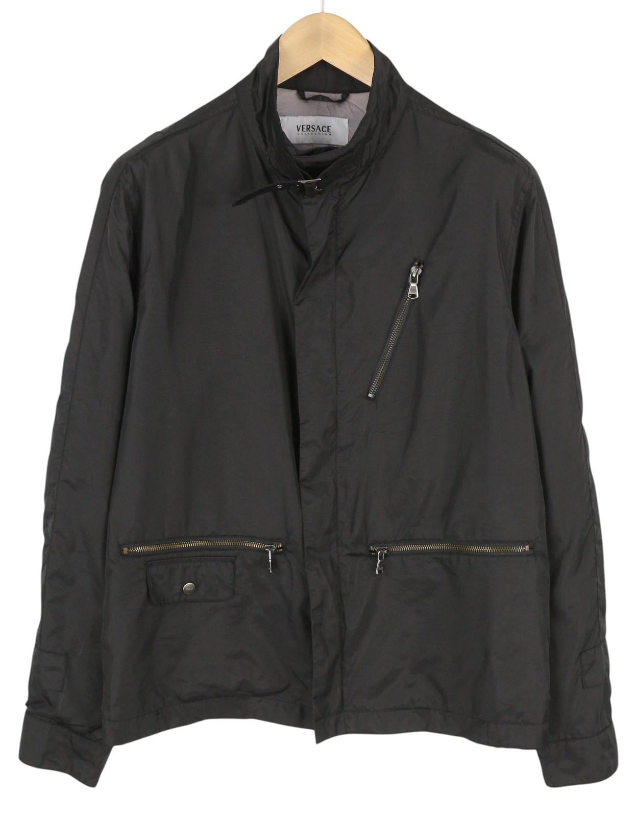 VERSACE Men Jacket 50 Black High Neck Lined Zip Pockets Lightweight