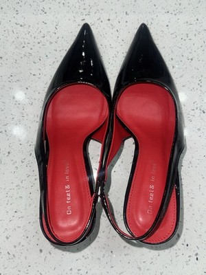On Feet In Love Women s Black Patent Leather Slingback Pointed Toe Heels EU 37