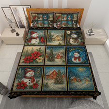 Christmas Snowman Poinsettia Winter Cabin Festive Xmas Holiday Quilt Bed Bet