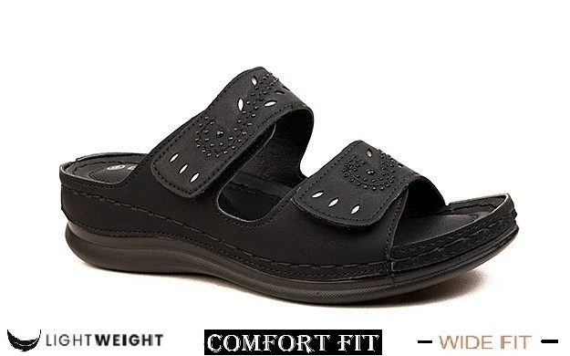 Ladies Cushion Comfort Sandals Touch Close Slip on Mule Low Wedge Heel Shoes UK