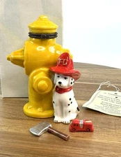 Porcelain Hinged Trinket Box Hydrant Dog Fire Department Dalmatian