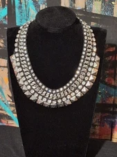 Black Cord Silver Tone Pyramid Studded Rhinestone Gothic Punk Necklace
