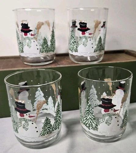 4 Vintage Libbey Lowball Tumblers Snowmen in Pine Forest Christmas Winter Decor
