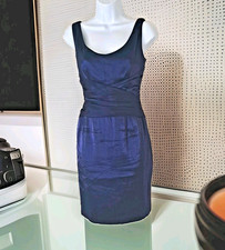 Jones New York Dress 4P Blue Satin Scoop Neck Sleeveless Ruched Waist Back Zip