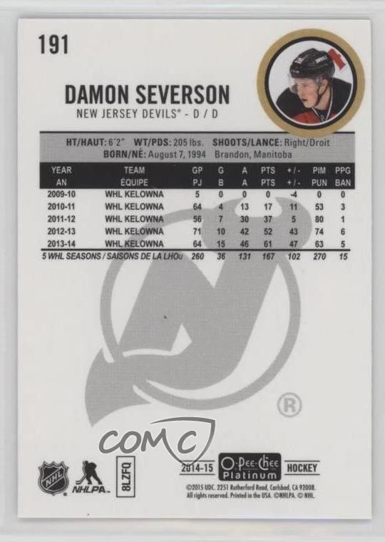 2014-15 O-Pee-Chee Platinum Traxx Damon Severson #191 Rookie RC - Image 2 of 2